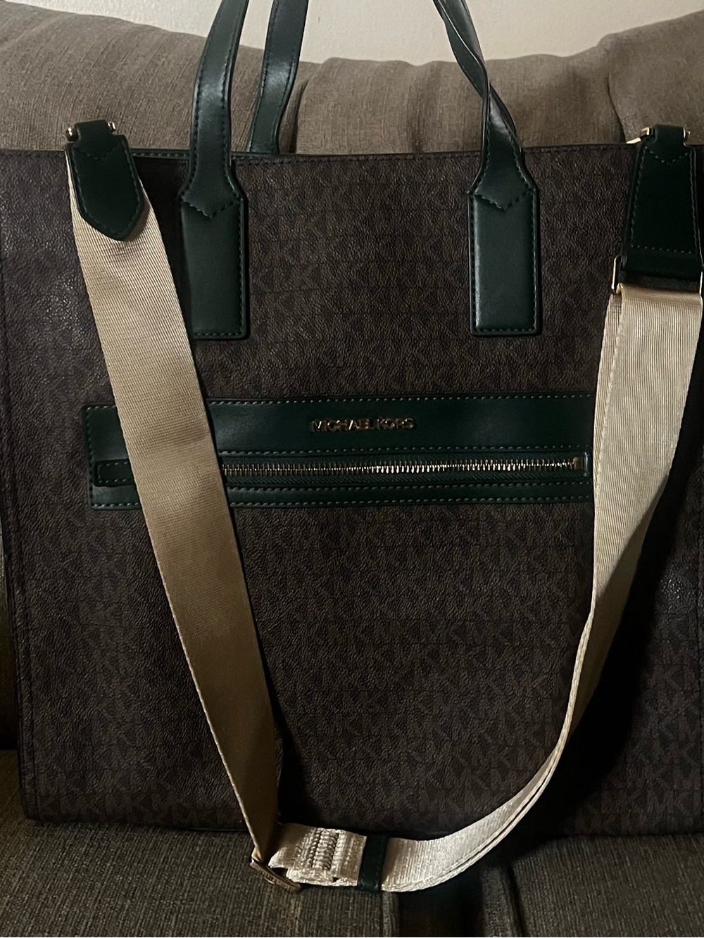 Michael Kors Brown Signature Messenger Tote with Dark Green Trim